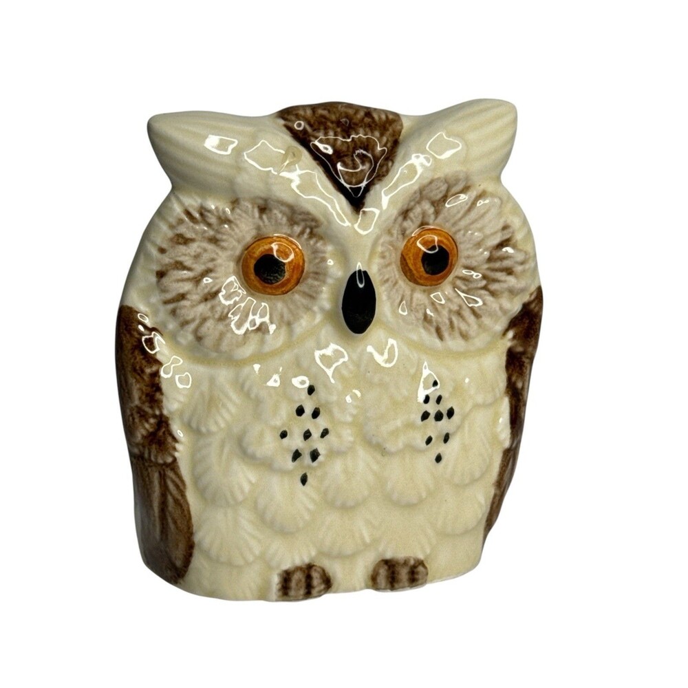 Vintage Owl Napkin Holder Letter Mail Organizer Ceramic Cream Brown